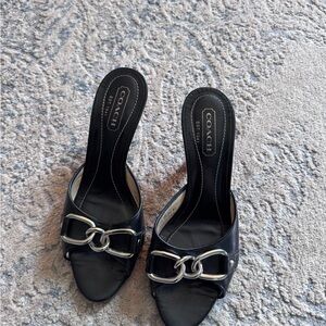 Coach Black Leather Slide Mules with Silver Chain Accent